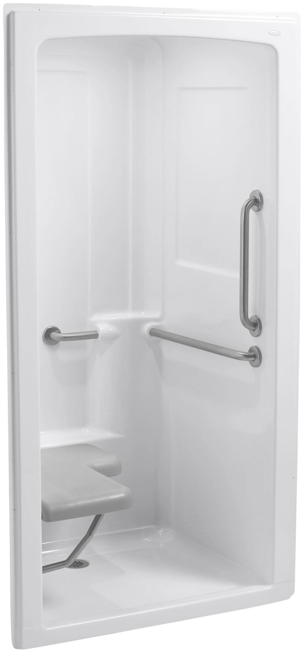 Kohler Freewill 45 X 37 1 4 X 84 One Piece Barrier Free Transfer Commercial Shower Stall With Brushed Stainless Steel Grab Bars And Left Hand Seat Wayfair