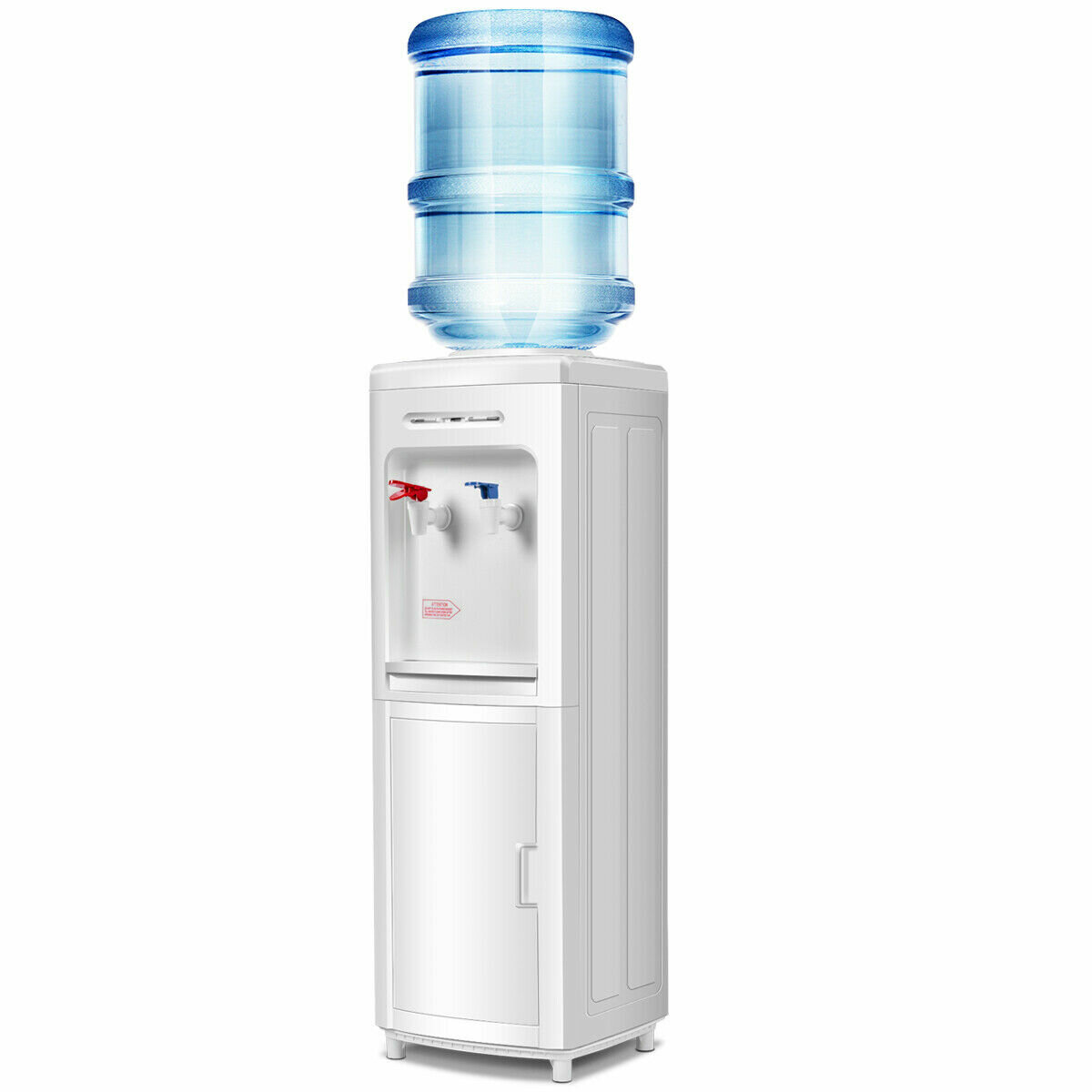 freestanding top loading electric water cooler with hot cold and room temperature options in white
