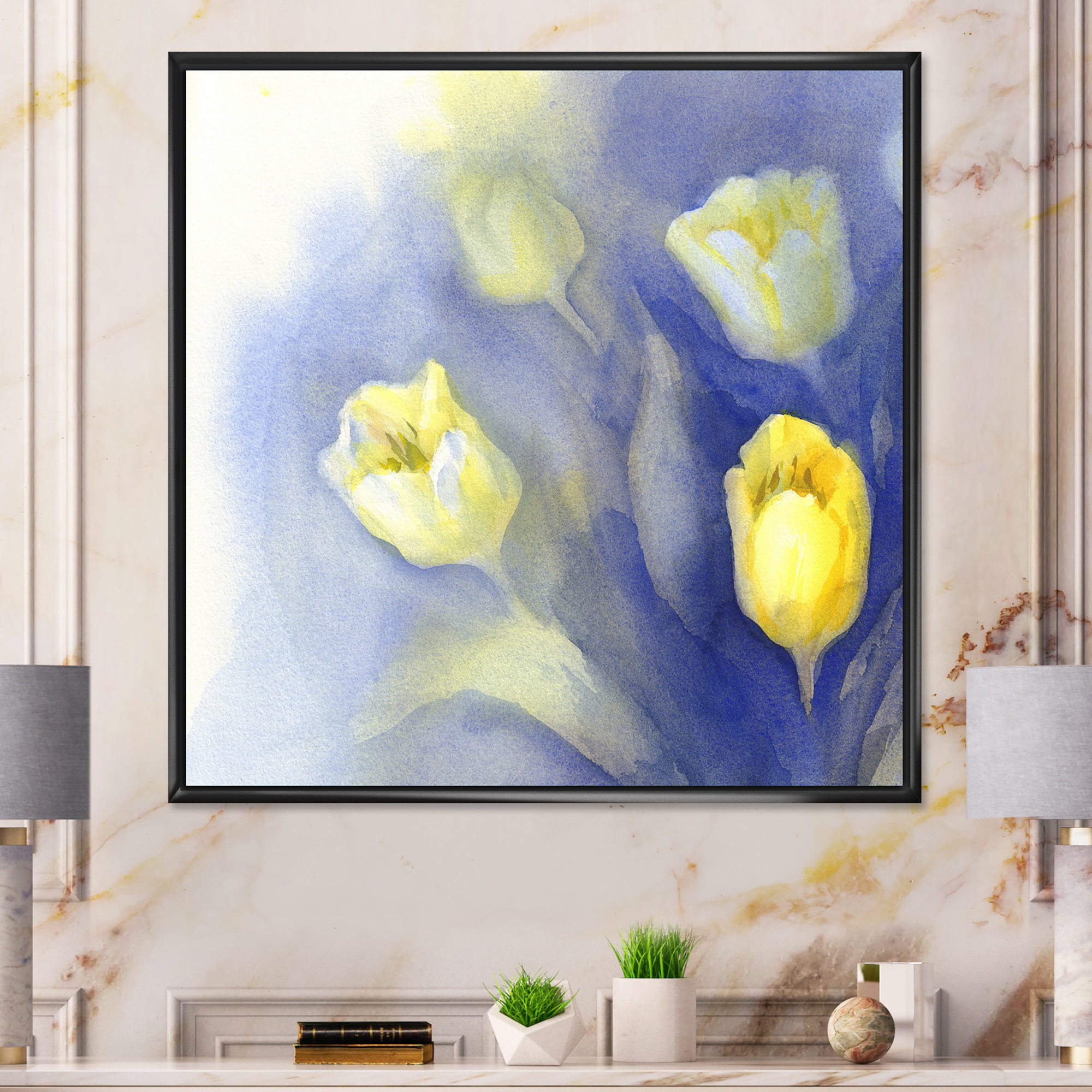 Winston Porter Yellow Tulips On Blue Traditional Canvas Wall Art