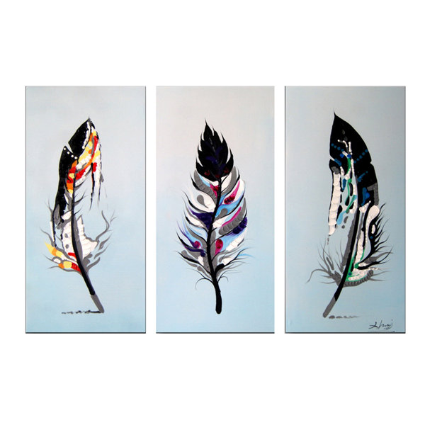 Designart Feathers Bird 3 Piece Painting Print On Wrapped Canvas