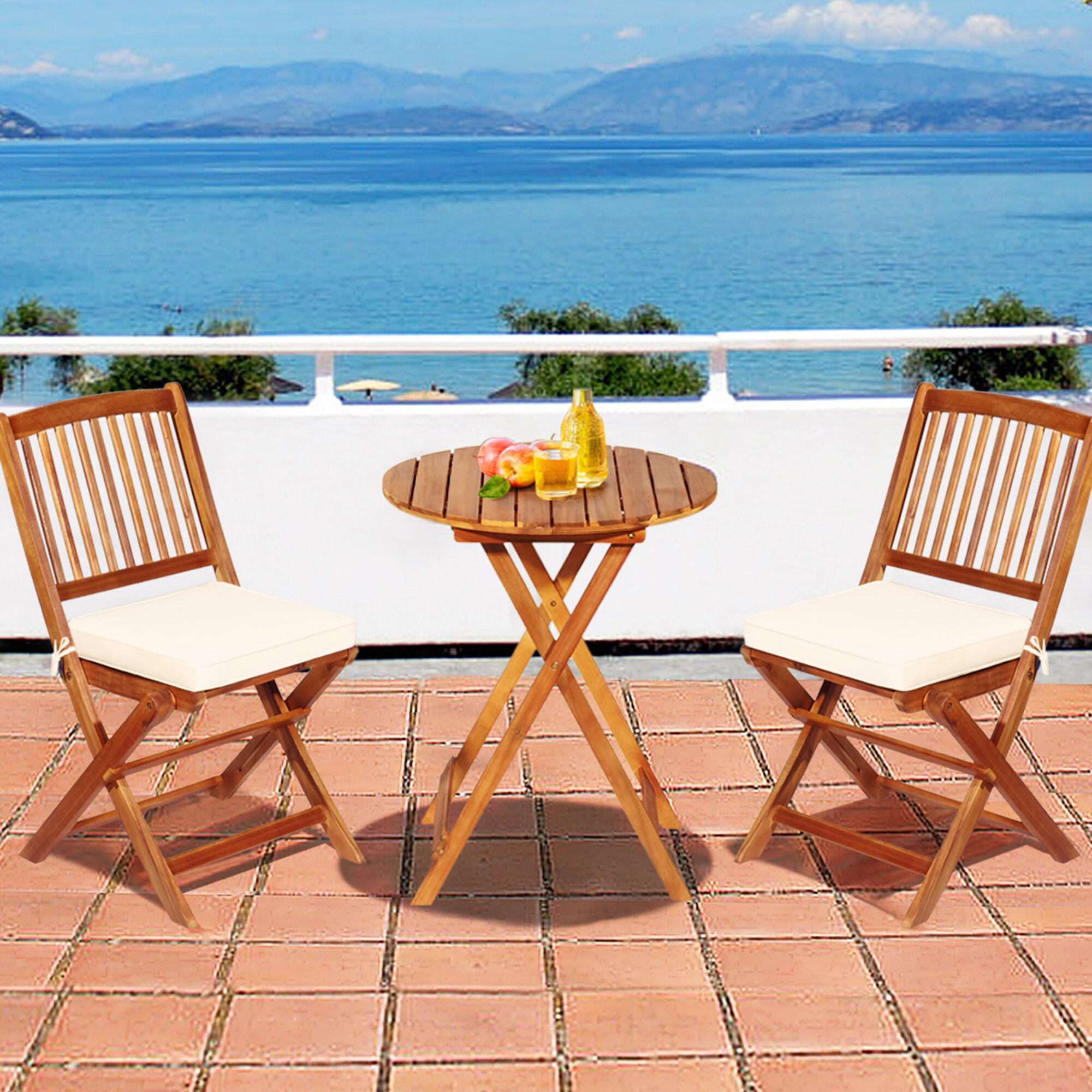 wooden bistro set with cushions