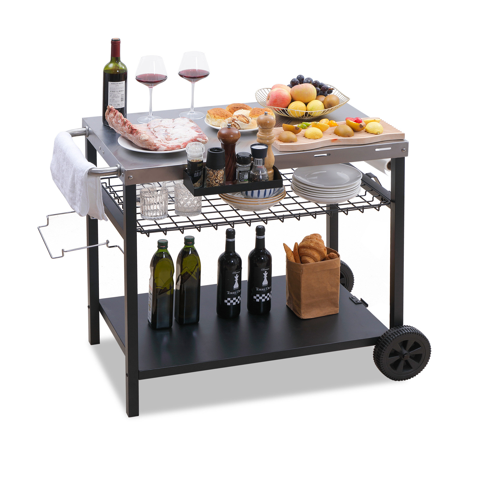 PIZZELLO ThreeShelf Outdoor Grill Dining Cart Movable BBQ Trolley With