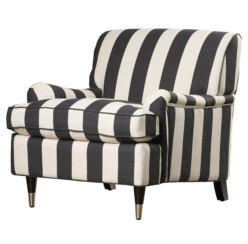 Black and White Stripe Armchair - Shop the Room! Sarah Richardson's Ontario Living Room #stripearmchair