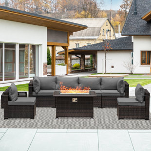 DINELI Patio Furniture Sectional Sofa with Gas Fire Pit Table Outdoor Patio Furniture Sets Propane Fire Pit Light Beige-Rectangular firepit 