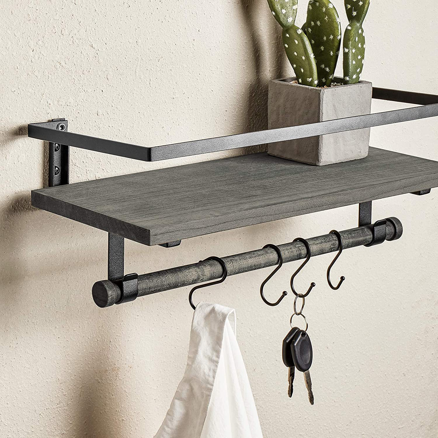 Vivid Floating Shelves For Wall Wood Wall Mounted Storage Shelves For Bathroom Kitchen Bedroom Rustic Decor Shelves With 8 Removable Hooks And Towel Bar Set Of 2 Light Gray Wayfair