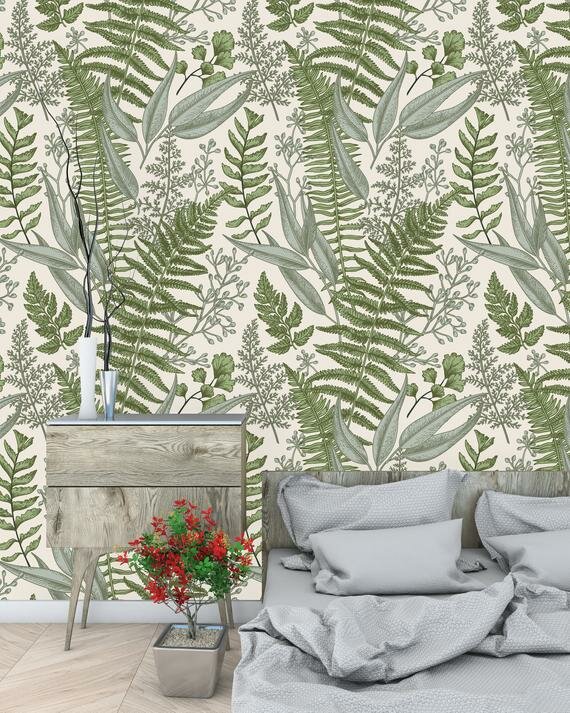 Peel-and-Stick Removable Wallpaper Botanical Watercolor Fern Nature Plant Garden 