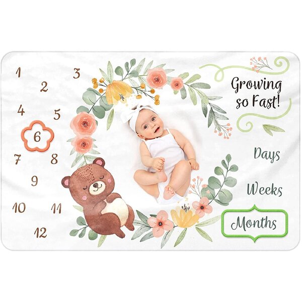 Baby Monthly Milestone Blanket with Bonus Floral Wreath+Milestone Cards+Frames,60x40 Super Soft Photography Background Blanket for Newborn Girls or Boys Photo Prop