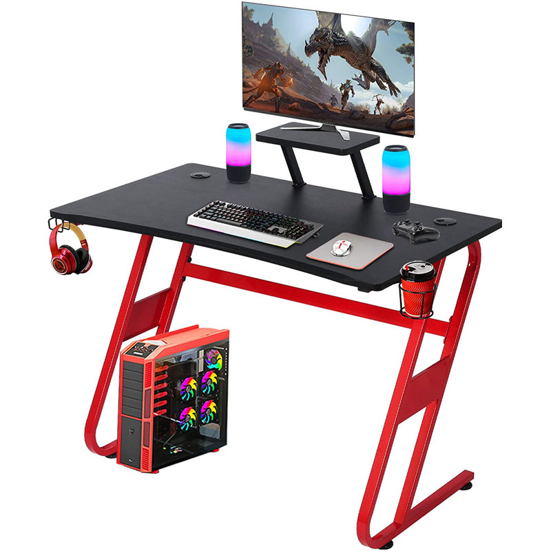 Inbox Zero 42 Gaming Computer Desk Z Shape Home Office Desk Gamer Workstation With Large Black Surface Pc E Sports Racing Table With Cup Holder Headphone Hook Monitor Stand Red