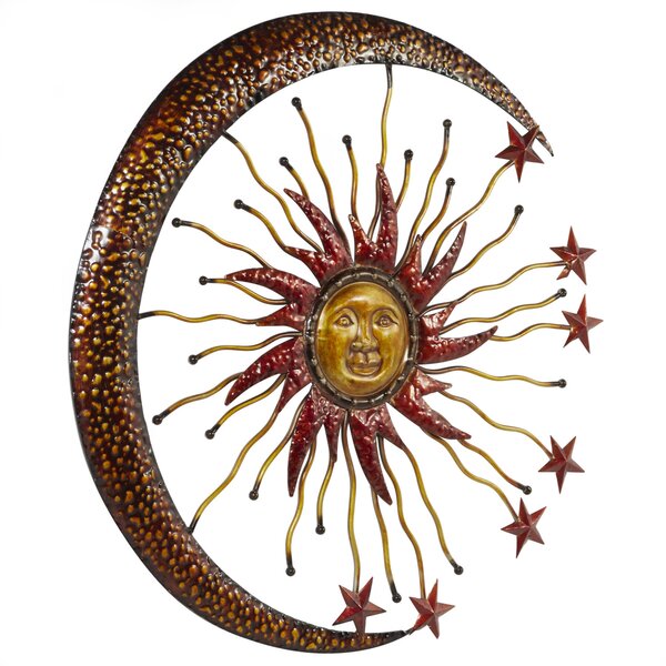 Zeckos Tri-Tone Celestial Sun Moon and Stars Indoor/Outdoor Metal Wall Art 