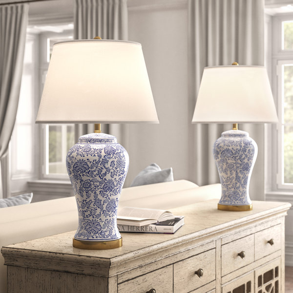 blue and white lamp shade