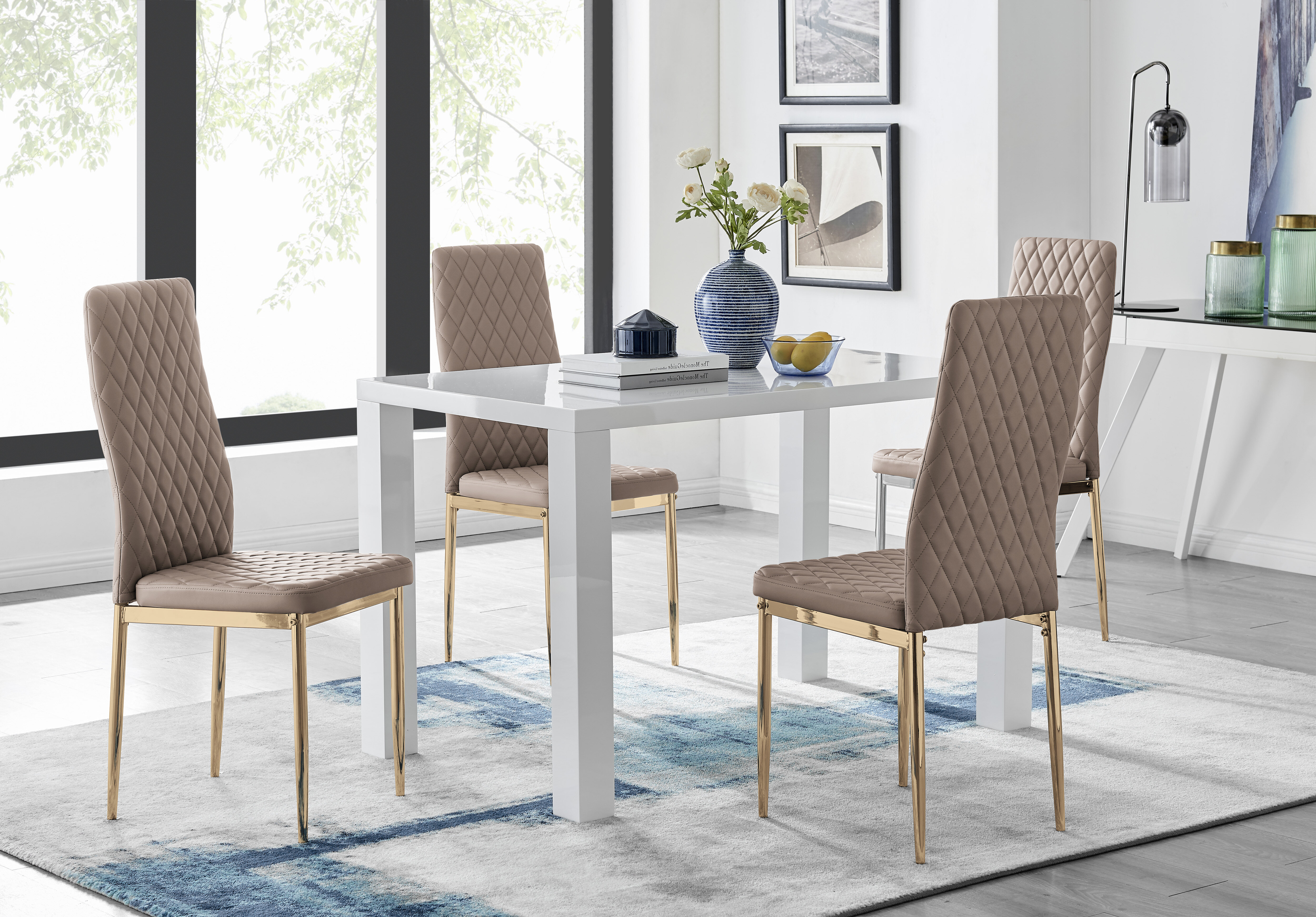 Furniture Box Pivero 4 White Dining Table And 4 Cappuccino Gold Leg Milan Chairs Reviews Wayfair Co Uk