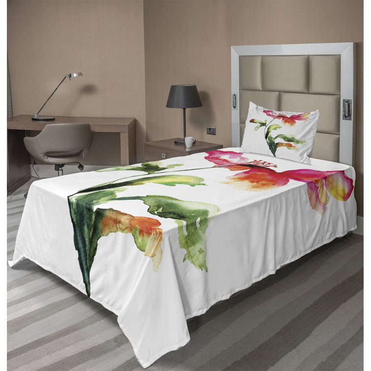 East Urban Home Ambesonne Watercolor Flower Sheet Set Shaded Single Poppy Flowering Plant Muse Nature Earth Divine Grace Fitted And Flat Sheet With Pillowcase Bedding Accent 3 Piece Set Twin Xl Red