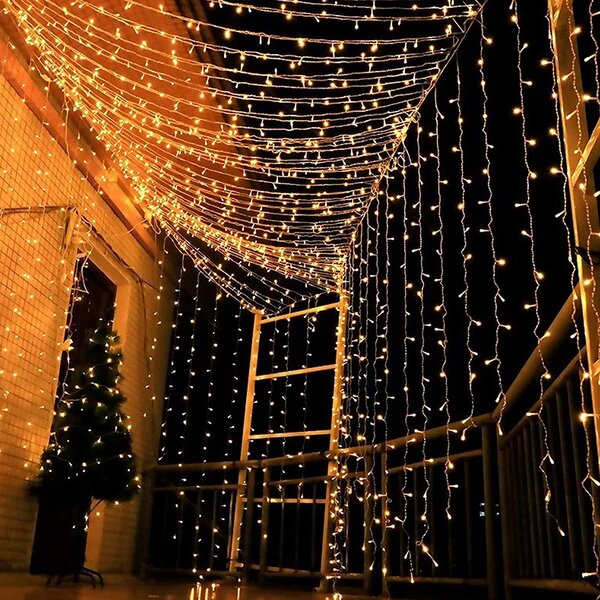 LED Curtain Lights Fairy Window String Lights 300 LED 3M*3M 8 Modes with IR Remote Control Wire Lights Waterproof for Indoor Outdoor Christmas Party Wedding Bedroom Decoration,USB Plug/Warm White 