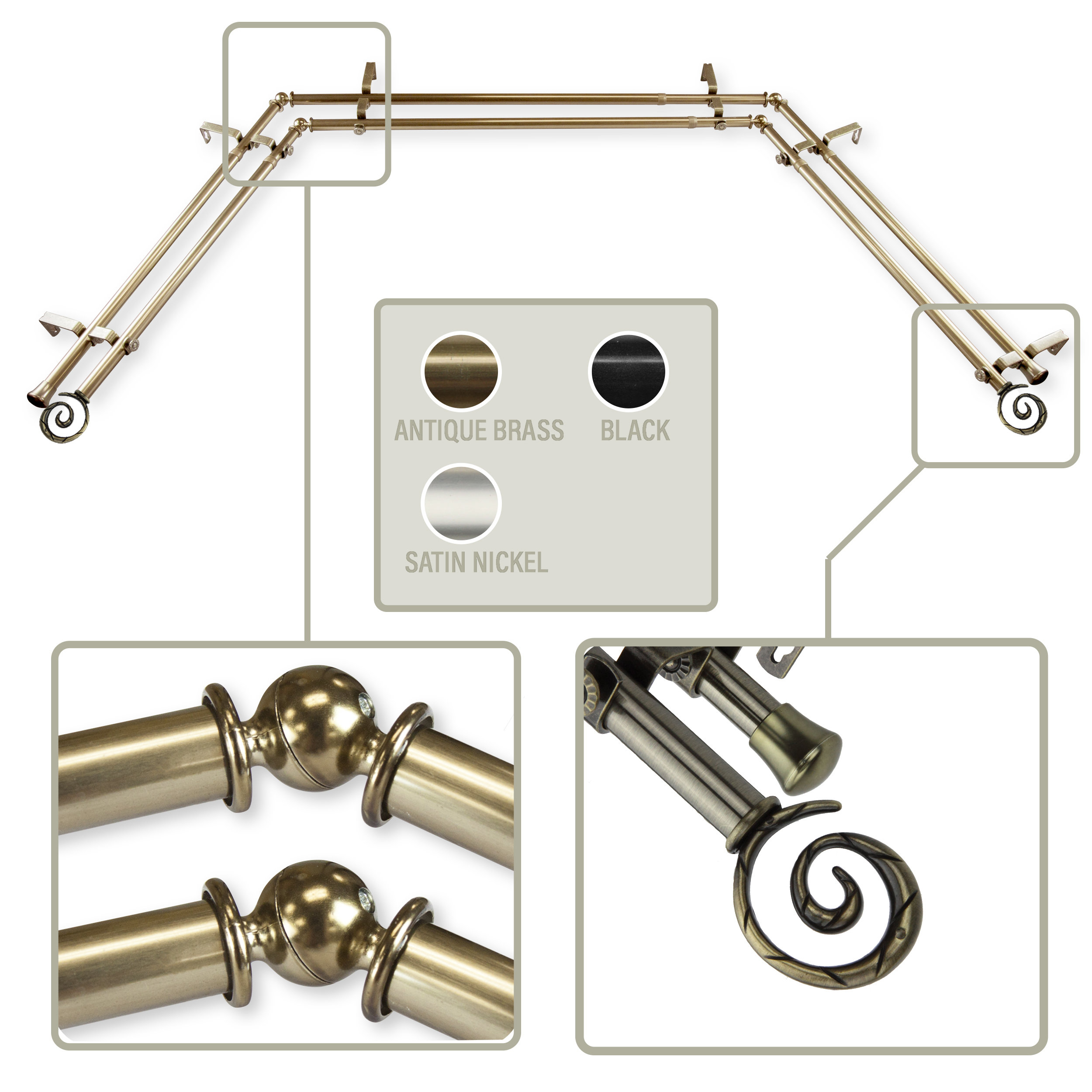 Rod Desyne Adjustable 38" to 72" 0.81" Bay Window Double Curtain Rod Wayfair