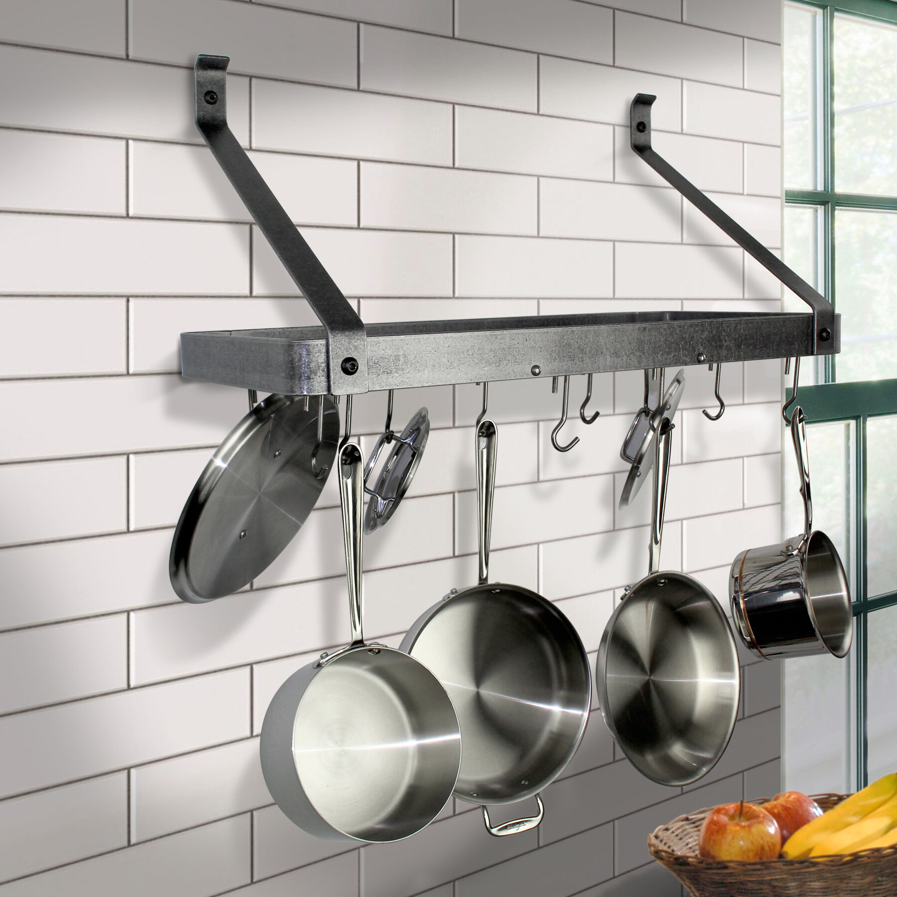wall mounted pot rack with grid