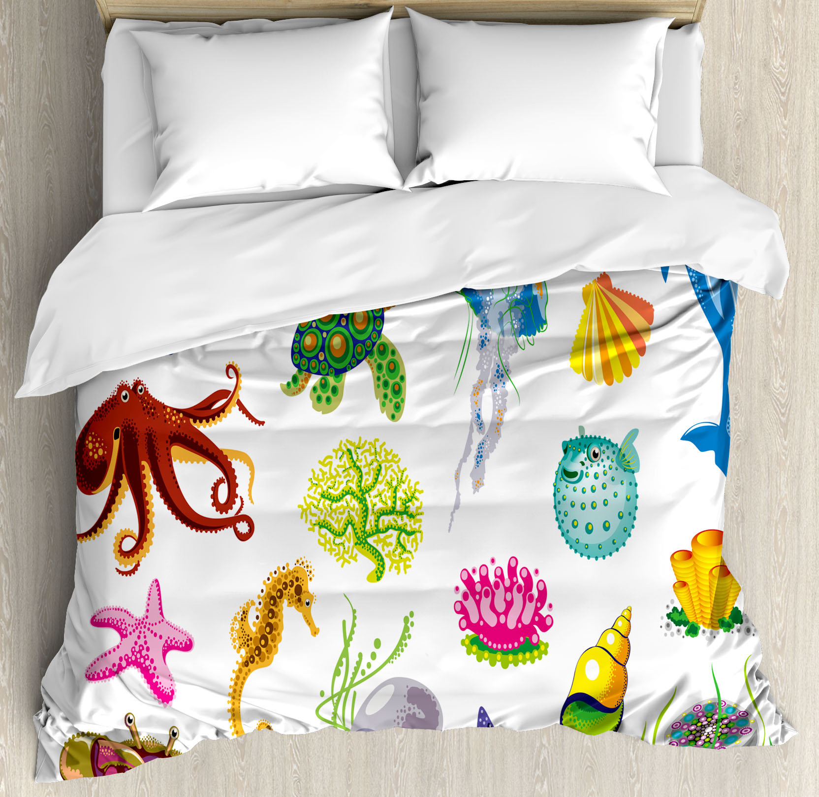 East Urban Home Barwen Marine Sea Animals Octopus Dolphin Shells Stingray Crab Turtle Jellyfish Wildlife Graphic Duvet Cover Set Wayfair