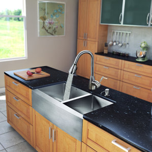 VIGO 33 inch Farmhouse Apron 60/40 Double Bowl 16 Gauge Stainless Steel Kitchen Sink with Graham Stainless Steel Faucet, T...