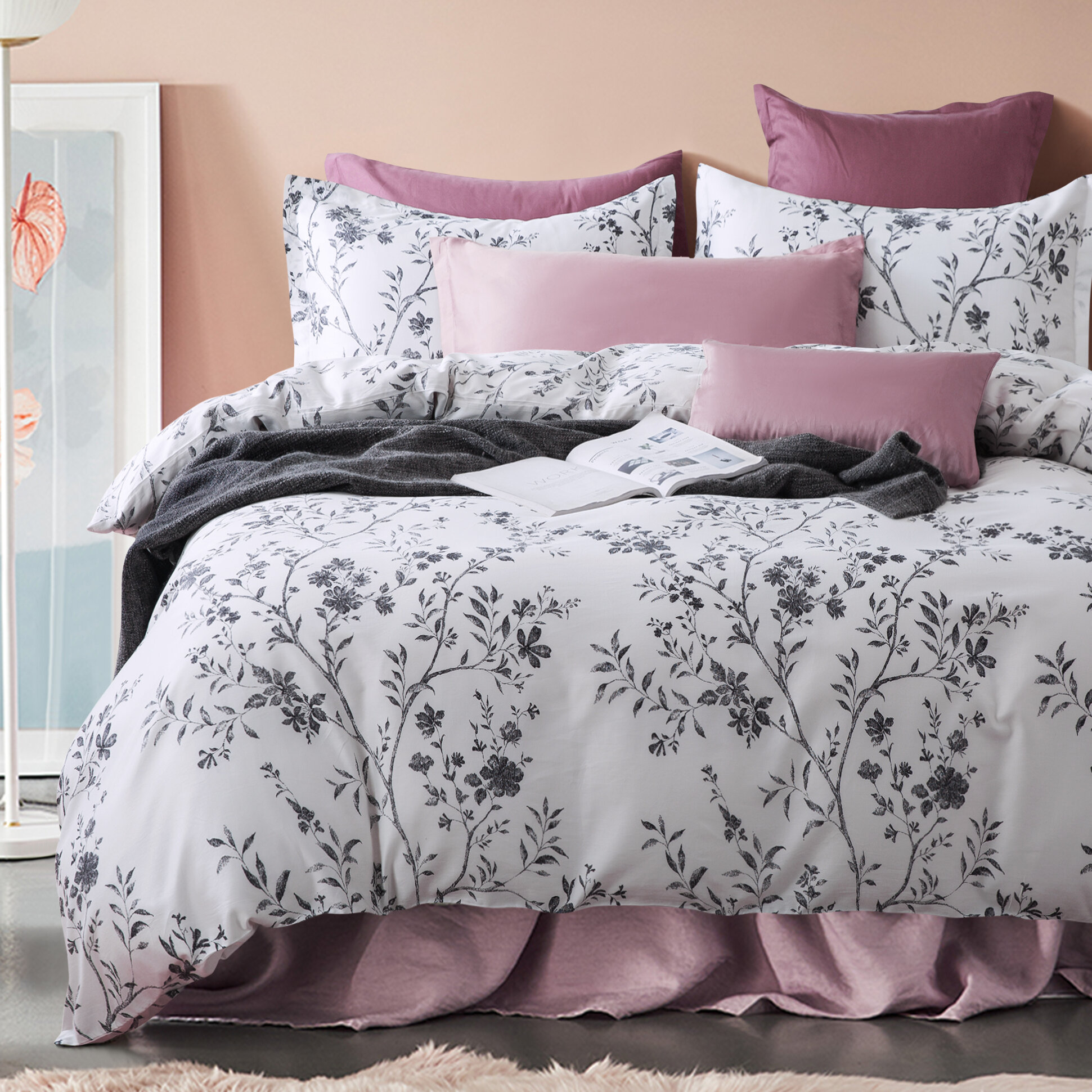 SINGLE SET Luxury 100% Cotton Bedspread Purple White Toile French Vintage New