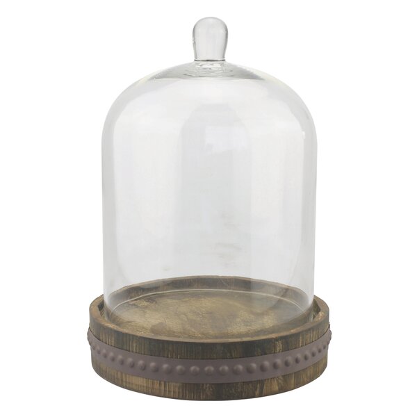 Artificial Plant With Glass Dome Jar Bell Decorative Display Wood Base Vintage 