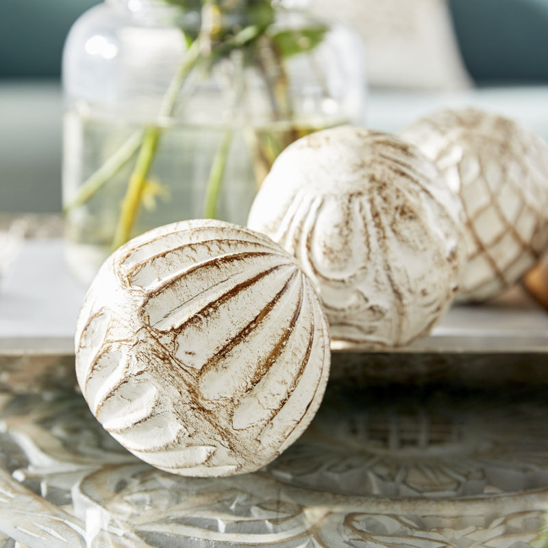 Bungalow Rose Carwyn 4 Piece White Ceramic Handmade Carved Orbs & Vase Filler with Varying 