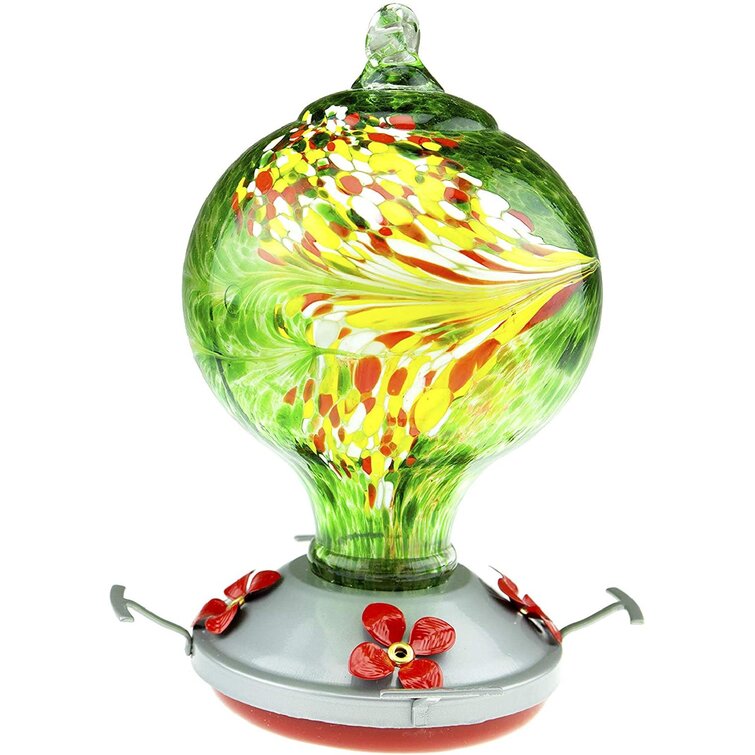 Hummingbird Feeder for Outdoors Patio 29 Ounces Colorful Hand Blown Glass 