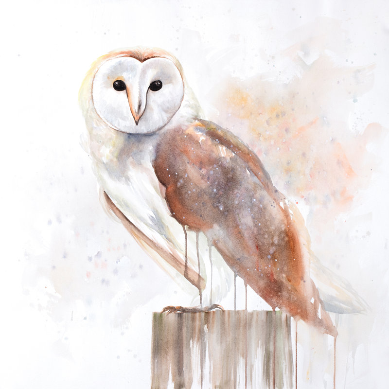 Millwood Pines Snow Owl On A Log Oil Painting Print On Wrapped Canvas Wayfair