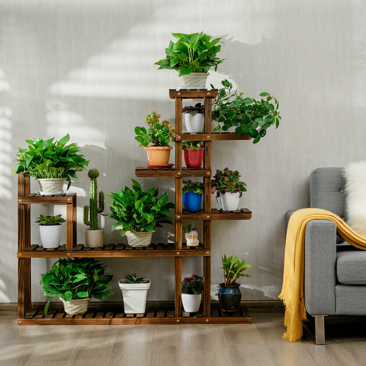 Tall Plant Stand Indoor 59-Inch Wood Plant Shelf Rack Large Outdoor Multi-Tiered Garden Stand with 4 Tier 13 Potted Fit for Patio Balcony Veranda Living Room
