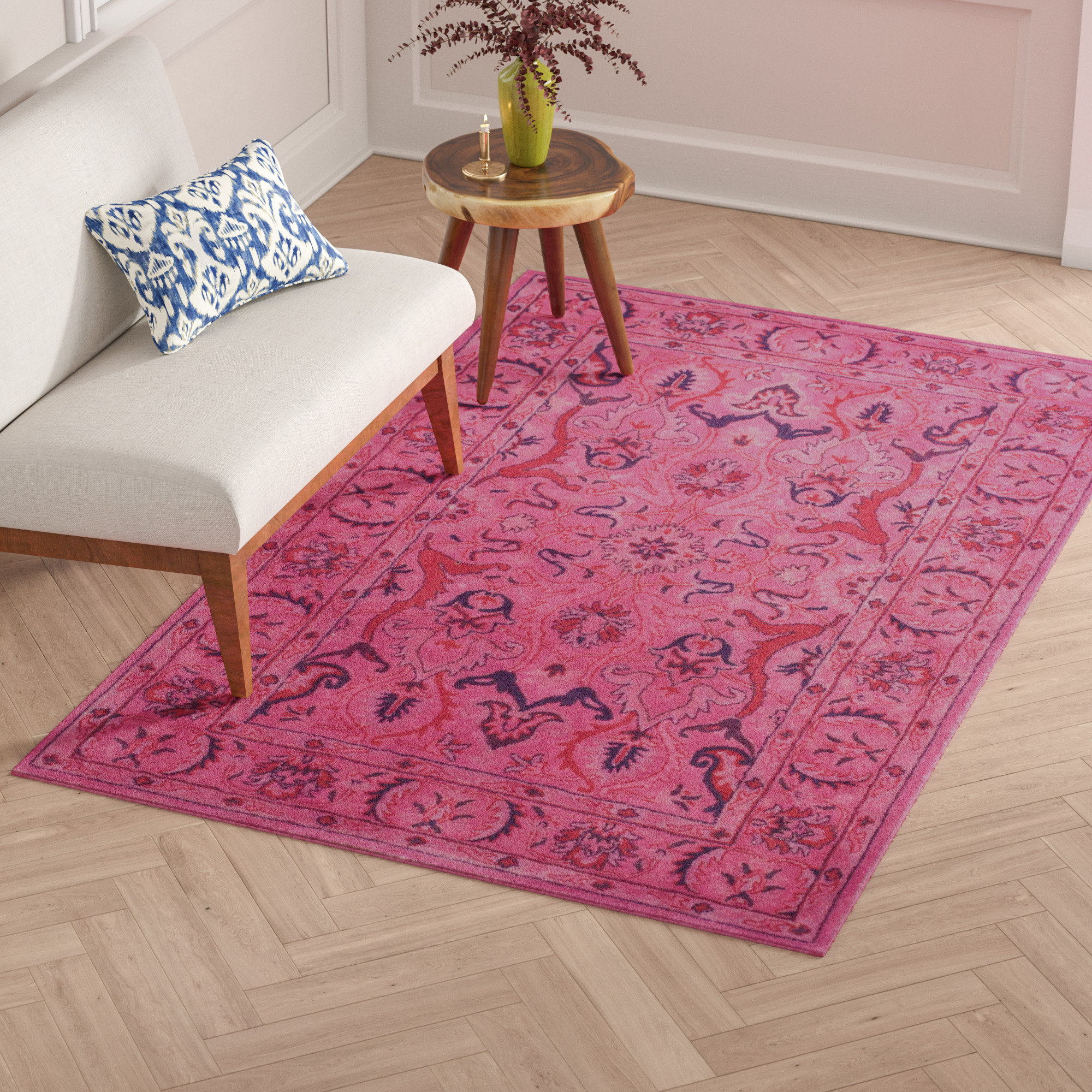 Bungalow Rose Reid Oriental Handmade Tufted Wool Pink Area Rug ...