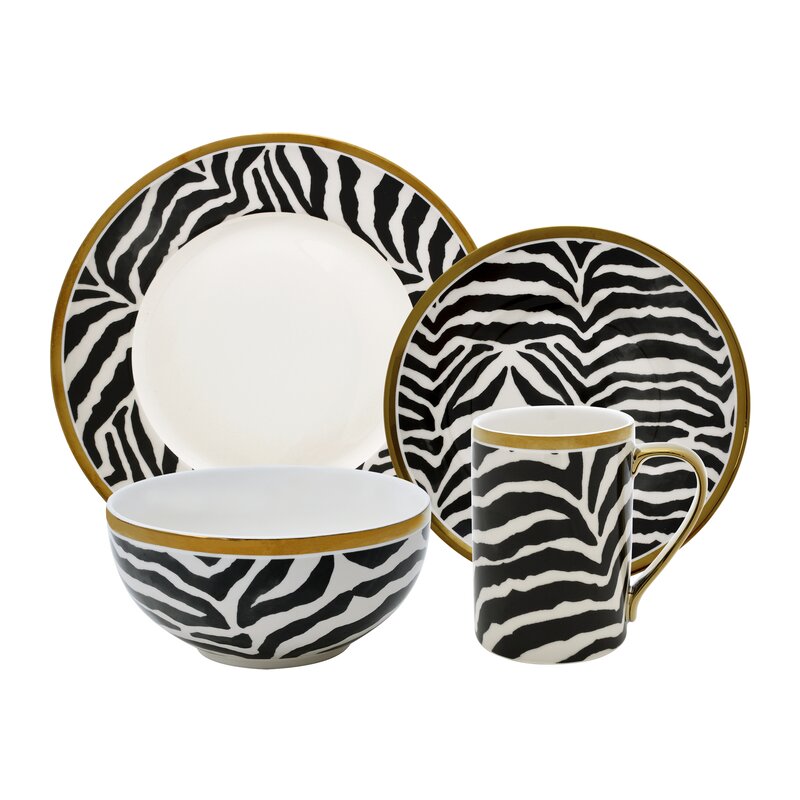 222 Fifth Serengeti Zebra 16 Piece Dinnerware Set, Service for 4 ...