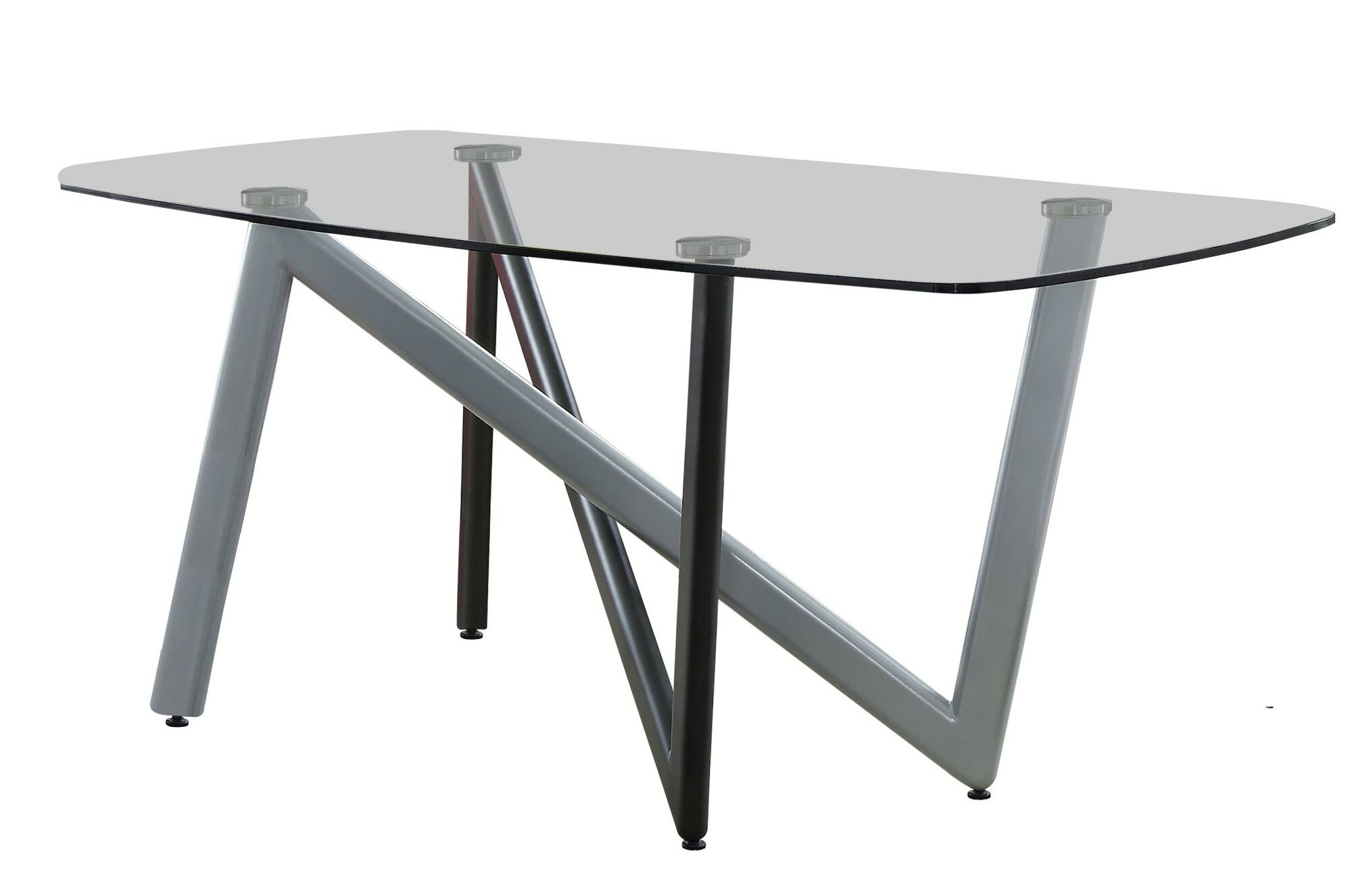 Orren Ellis Abstract Glass Top Dining Table With V Shape Metal Legs Black And Grey Wayfair Ca