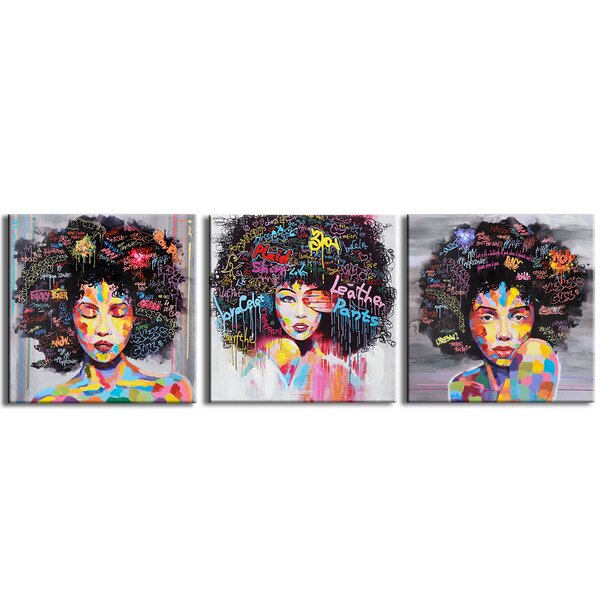 3 Panel Africian Woman Wall Art African Wall Art American Teenage Girl Wall Decor African American Canvas Artwork Lovely Black Girls Poster for Bedroom Living Room Framed Ready to Hang