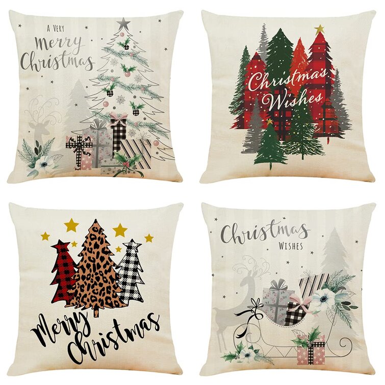 INSHERE Farmhouse 4 Pack Throw Pillow Covers Cases for Couch Sofa Bed Home Decor,Square Cotton Linen Cushion Cover 18 X 18 Inches Christmas Tree 1 