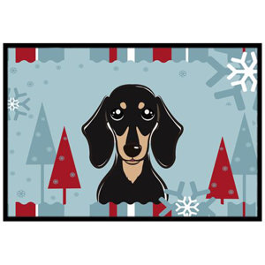Winter Holiday Smooth Black and Tan Dachshund Doormat