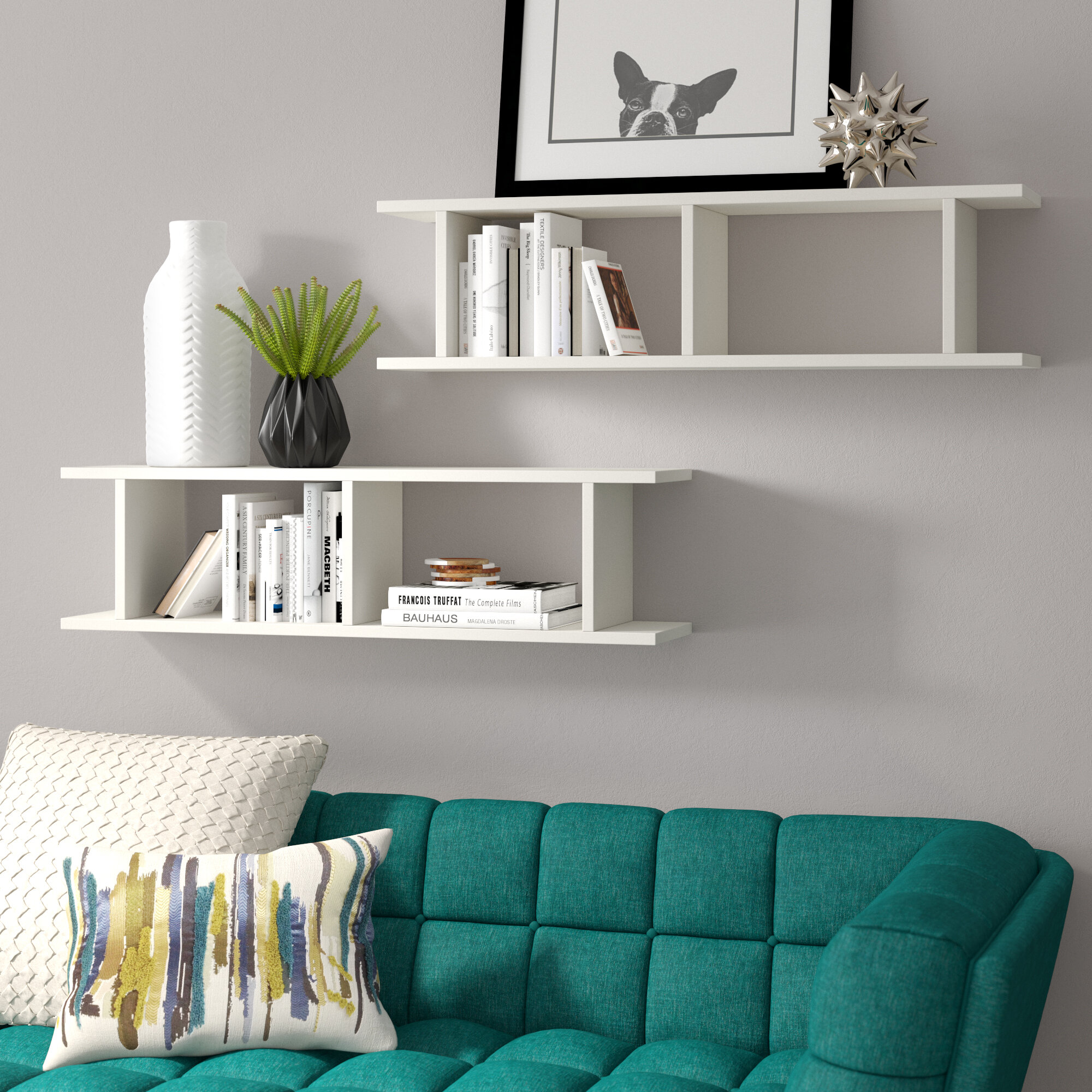 wall-mounted shelves in a living room