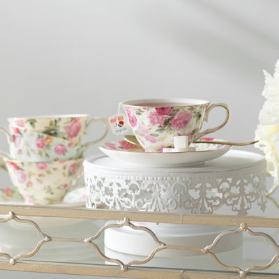 Ilian 8 oz. Porcelain Rose Chintz 4 Piece Tea Cup and Saucer Assorted Set Lark Manor