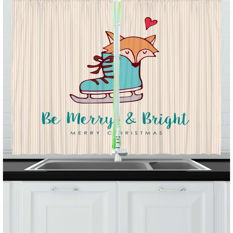 East Urban Home 2 Piece Christmas Merry Calligraphy With Little Fox In Ice Skate Boot Heart On Stripes Kitchen Curtain Set Wayfair