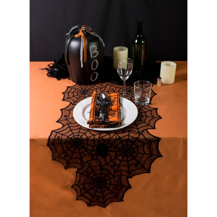 Happy Halloween Purple Lace Table Runner Spider Web Design 