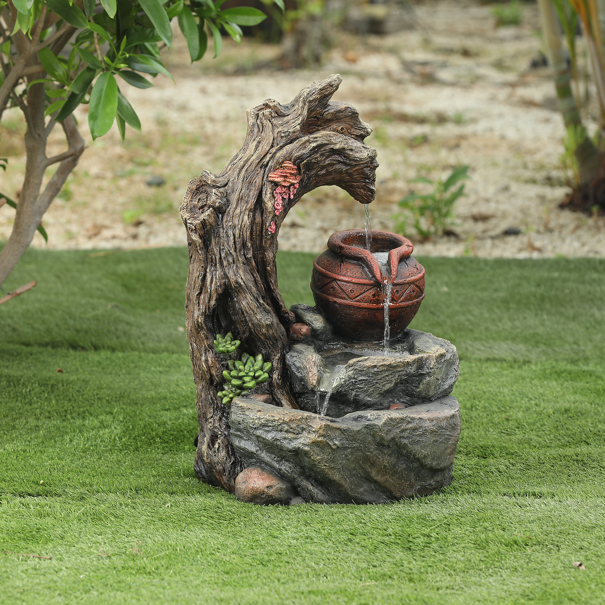 Luxen Home Concrete Tree Stump And Rock Outdoor Fountain Wayfair Tree Stump And Rock Outdoor Fountain