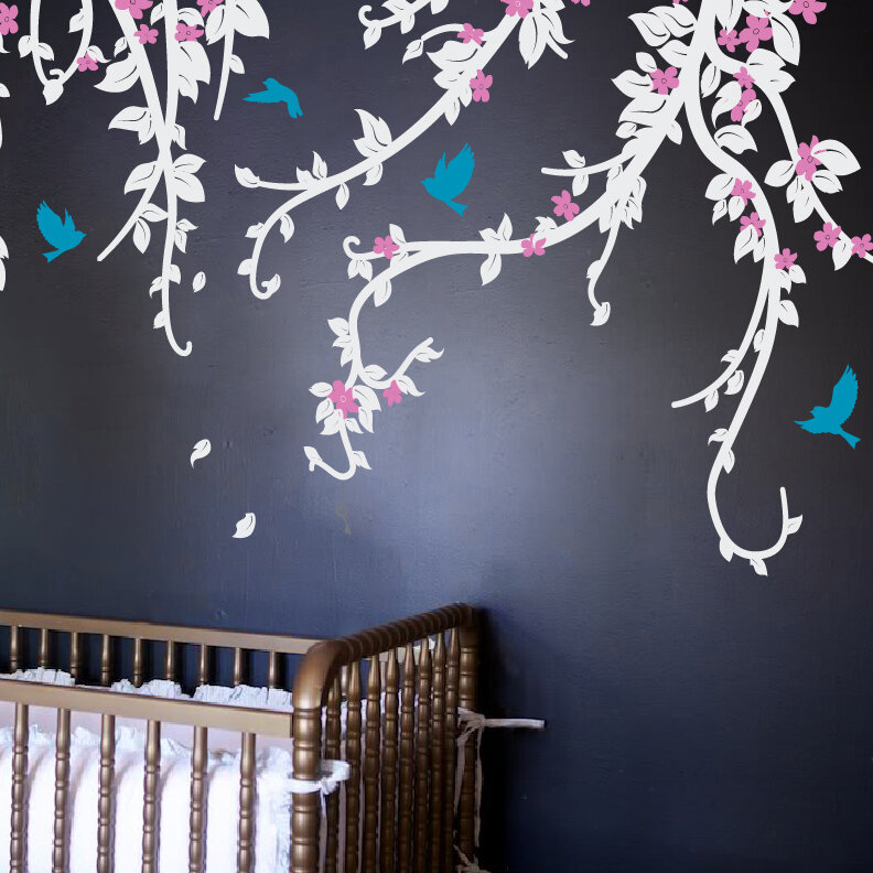 Flowery Vines and Birdcage Wall Decal W White, Pink, & Blue, 34 H X 80
