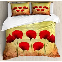 shirlyhome Poppy Print Comforter Quilt Set,Perennial Gardening Bedding Plants Border with Booming Vibrant Petals Bedding Sets 68 W x 85 L Vermilion Green White