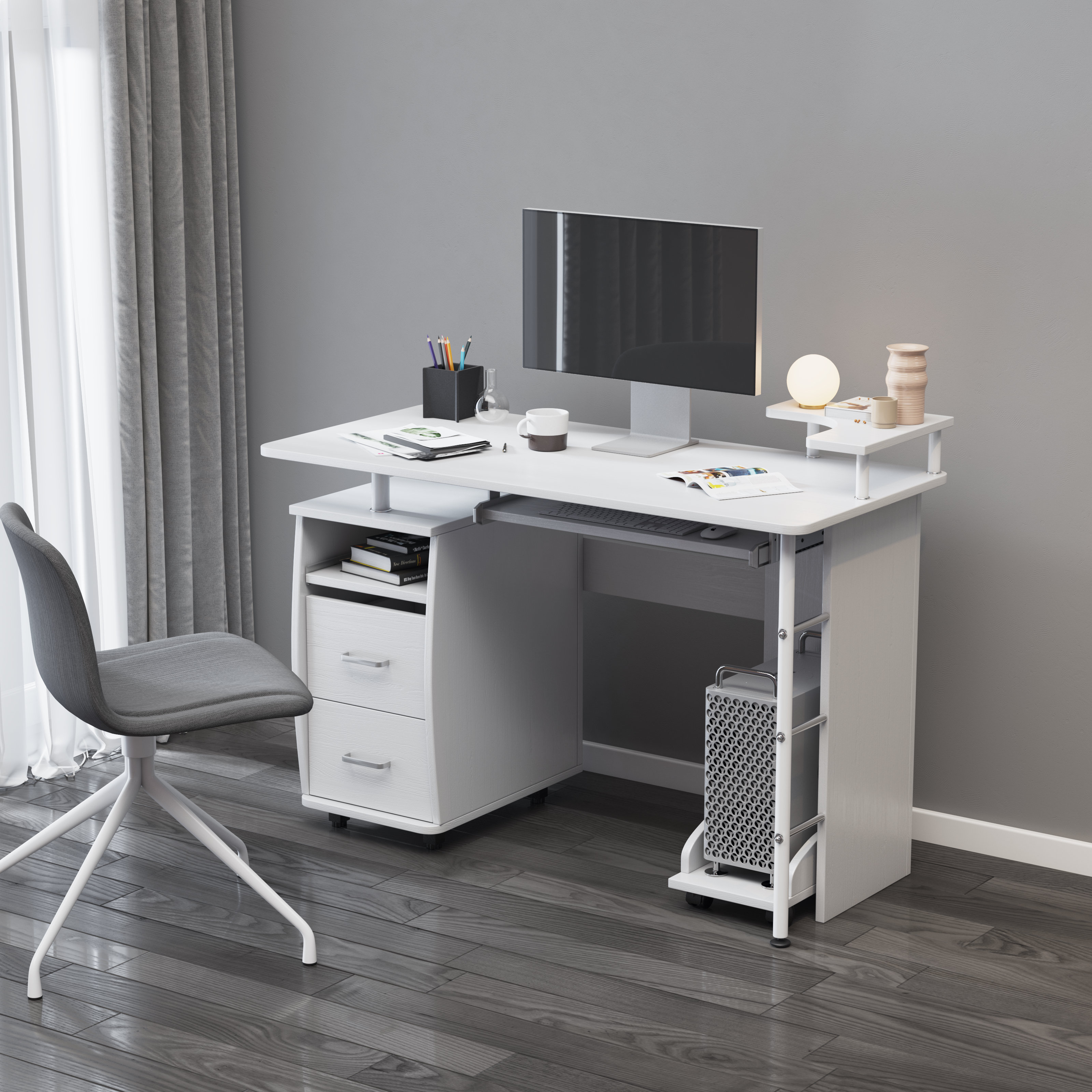 Latitude Run Solid Wood Computer Desk With Storage Shelves Pc Droller Office Table With File Cabinet And Two Drawers Wayfair