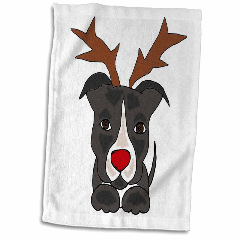 funny pitbull dog dressed as rudolph nosed reindeer tea towel
