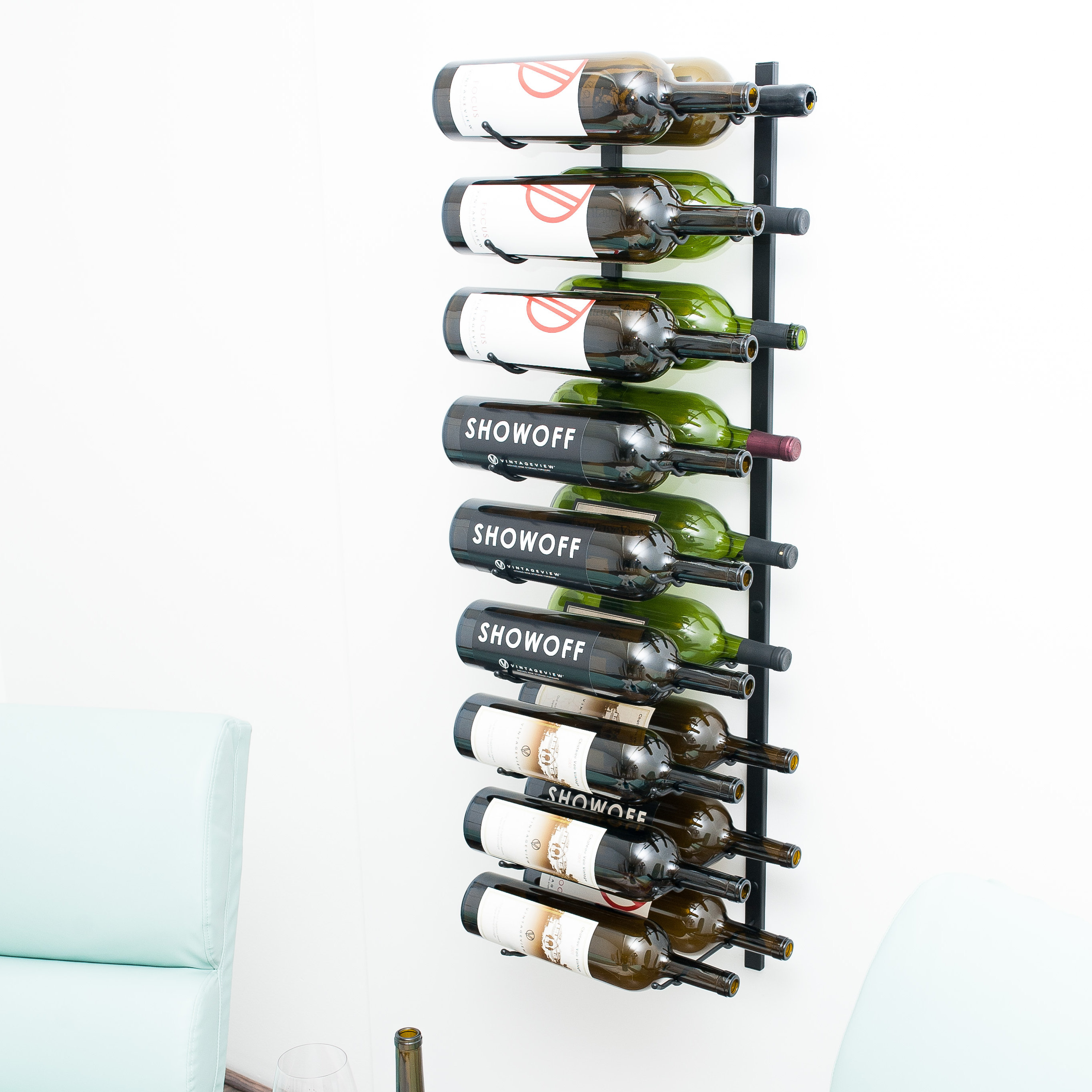 18 Bottle Wall Mounted Wine Rack VintageView Wall Series Stylish Modern Wine Storage with Label Forward Design Satin Black
