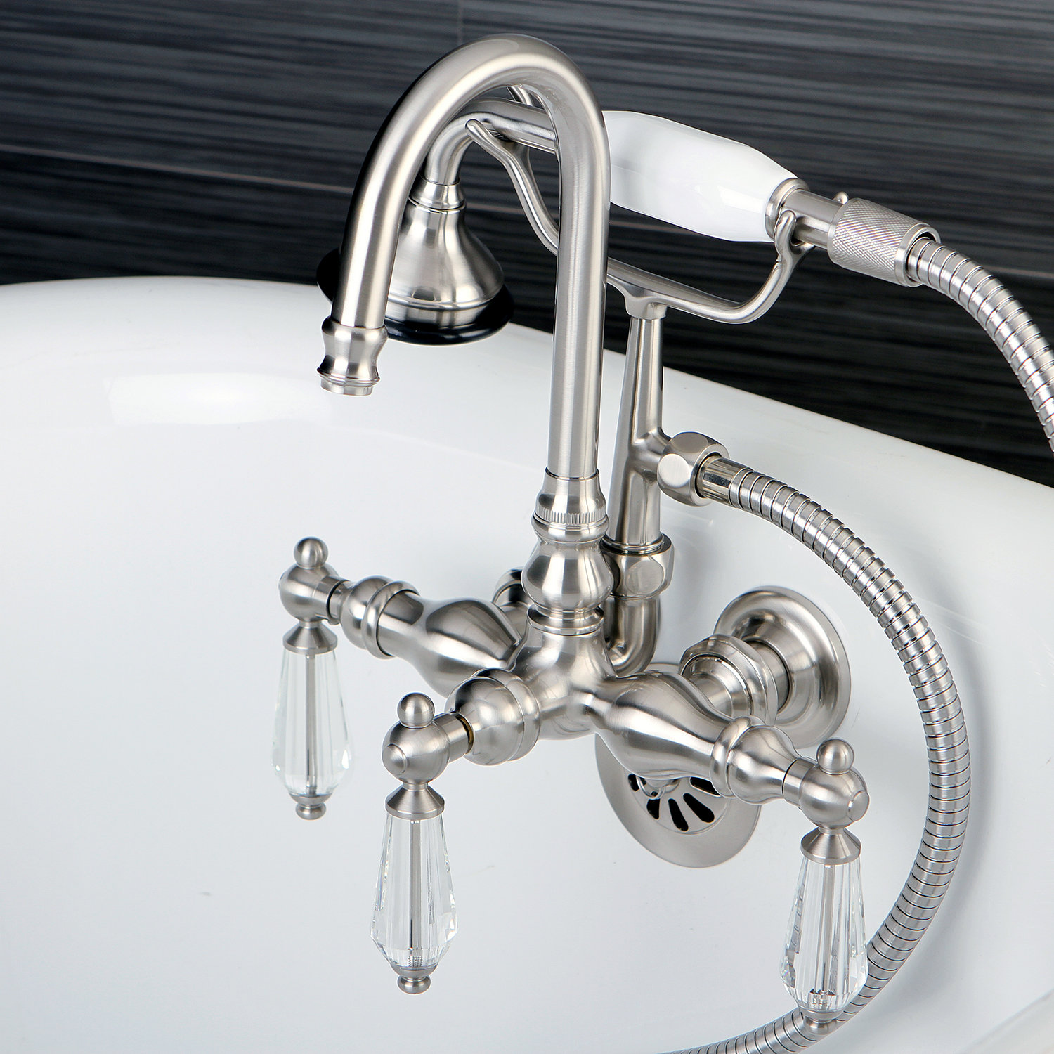 Kingston Brass Wilshire Triple Handle Wall Mounted Clawfoot Tub Faucet Trim With Diverter And Handshower Reviews Wayfair