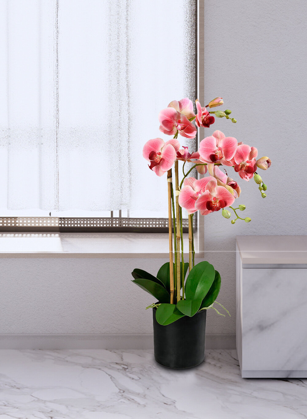 Dahlia Realistic Orchid Artificial Flower Arrangement with Etched White Ceramic Pot Pink