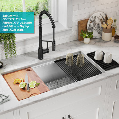 kraus kore™ 36\" l undermount workstation 16 gauge stainless steel single bowl kitchen sink with accessories