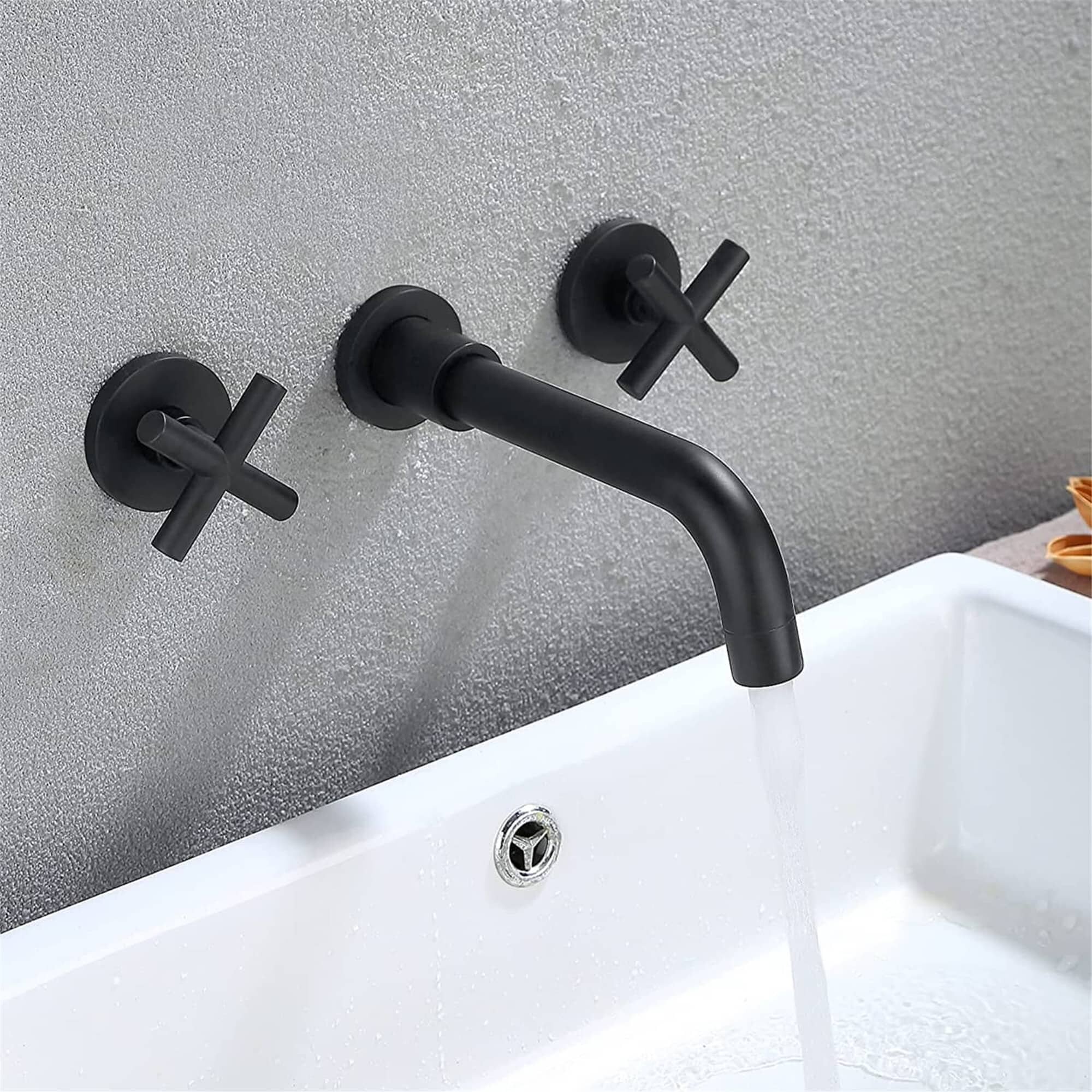 Matte Black Basin Faucet Dual Handles Wall Mount Sink Brass Mixer Tub Faucet Tap 
