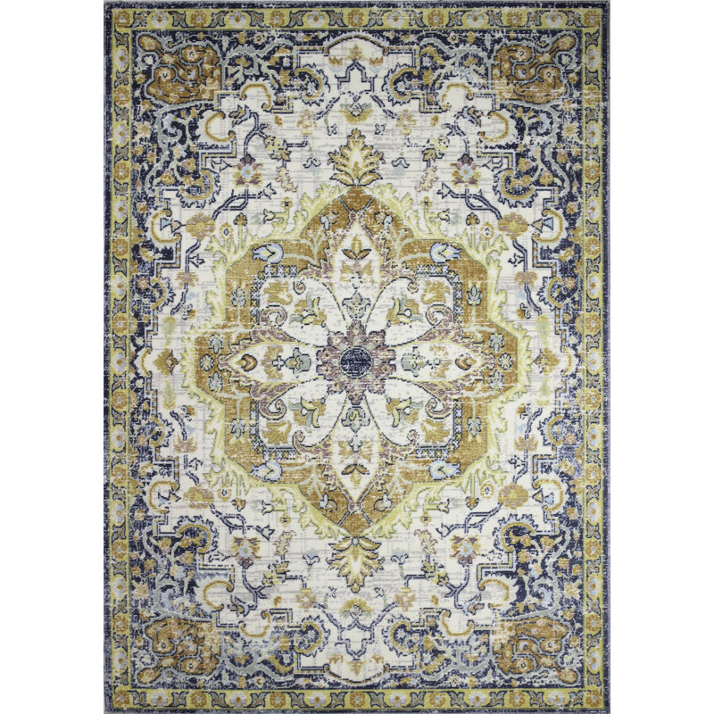 Bloomsbury Market Anhthu Power Loom Ivory Navy Rug Reviews Wayfair