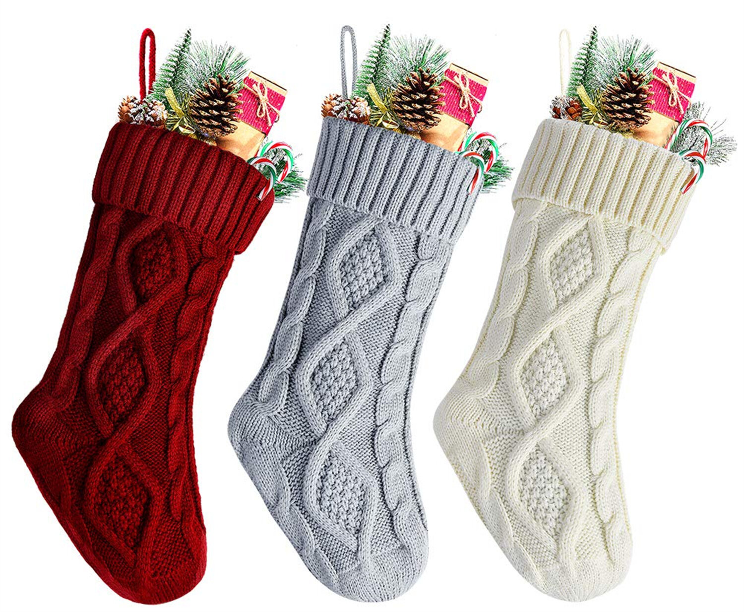 Kunyida 18 Unique Burgundy and Ivory and Green Knitted Christmas Stockings,6 Pack
