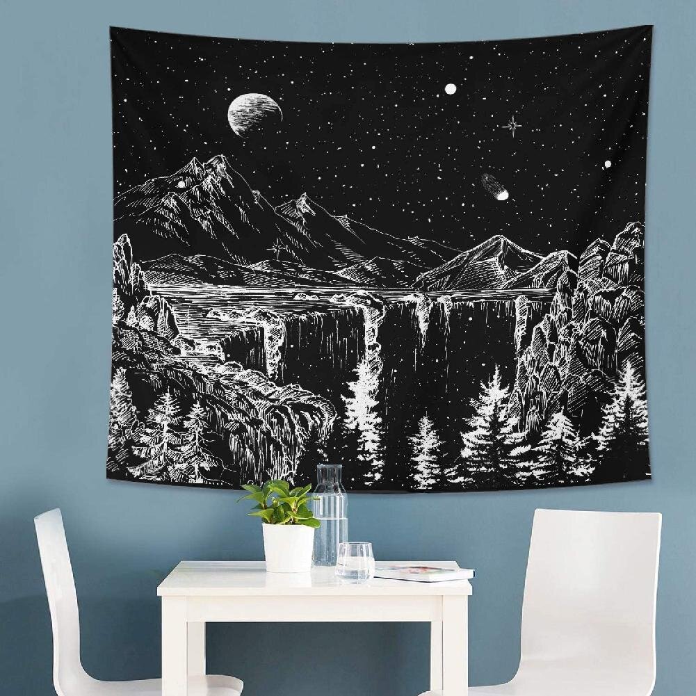 Moon Star Tapestry Wall Hanging for Room 51×59 inches Black and White Art Tapestry Home Decor ZHOUBIN Mountain Tapestry